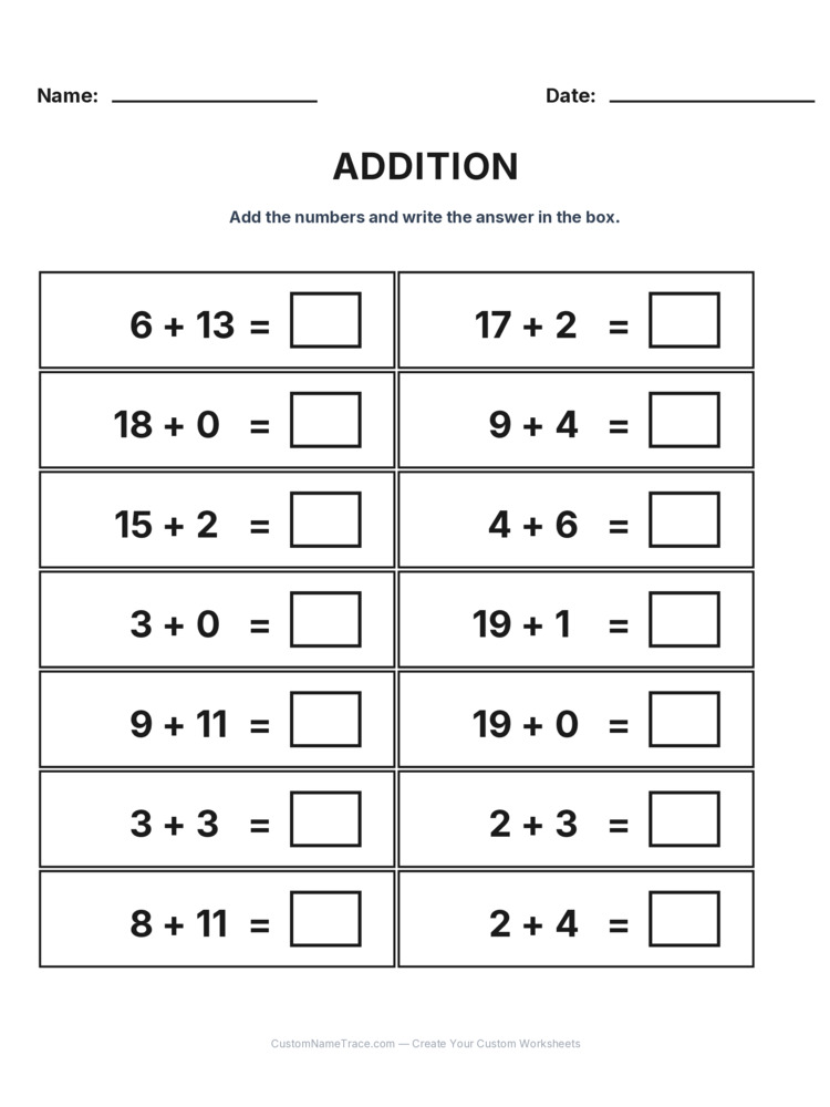 Grade 1 Addition Within 20 worksheet 4 for kids