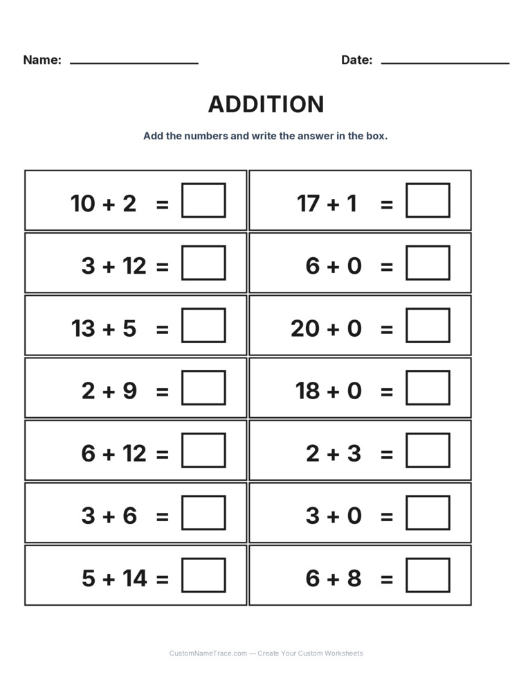 Grade 1 Addition Within 20 worksheet 5 for kids