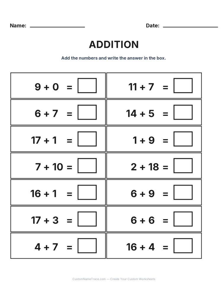Grade 1 Addition Within 20 worksheet 6 for kids