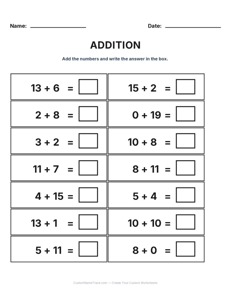 Grade 1 Addition Within 20 worksheet 7 for kids