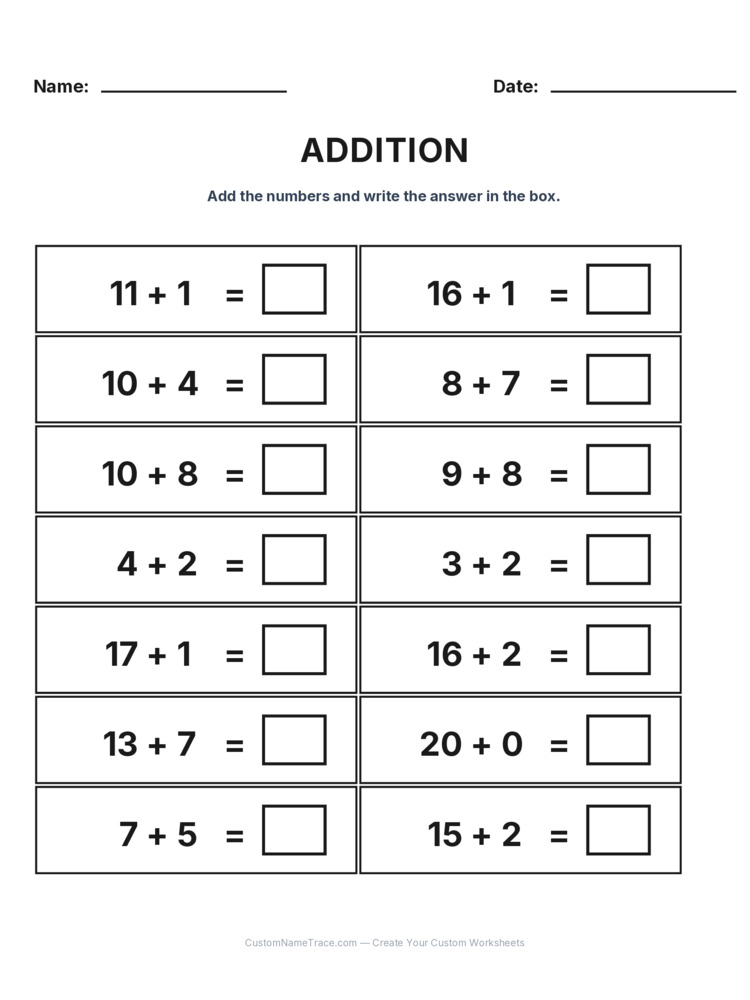 Grade 1 Addition Within 20 worksheet 8 for kids