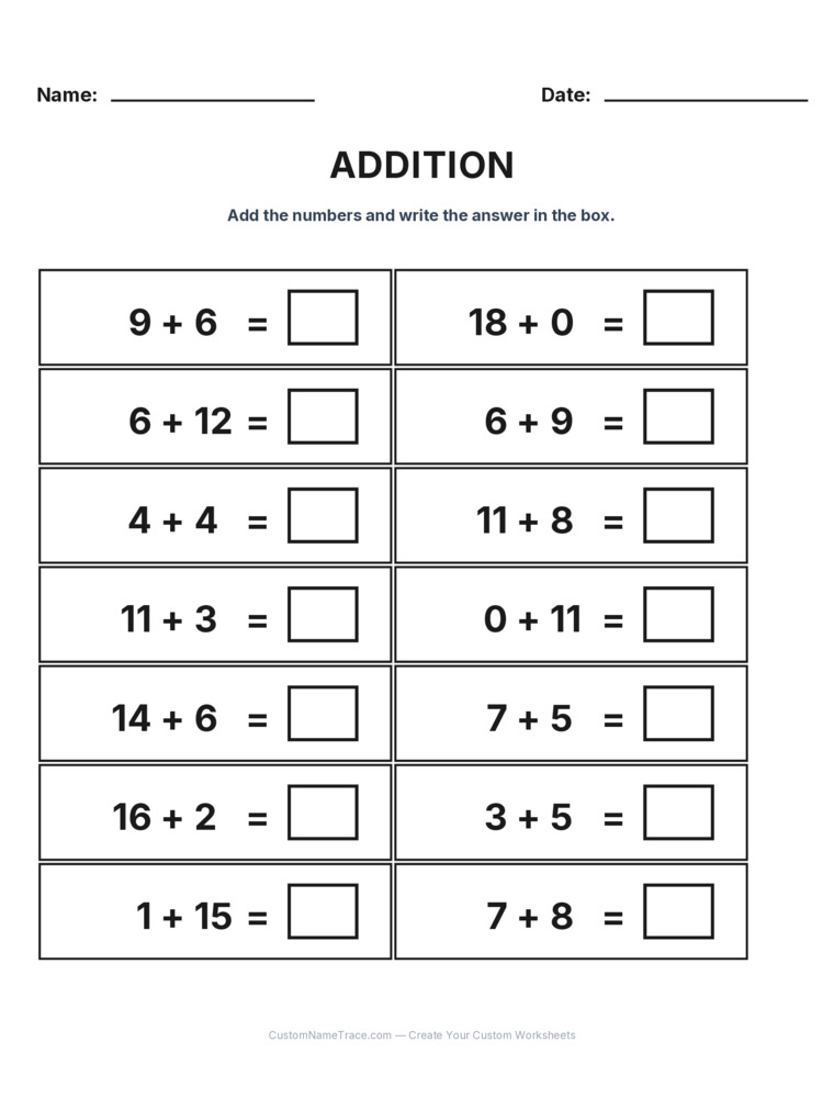 Grade 1 Addition Within 20 worksheet 9 for kids