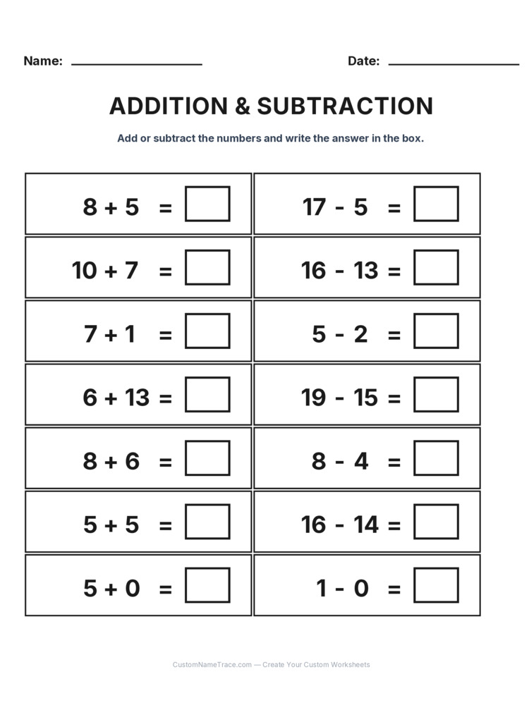 Grade 1 Addition & Subtraction Mixed Review worksheet 10 for kids