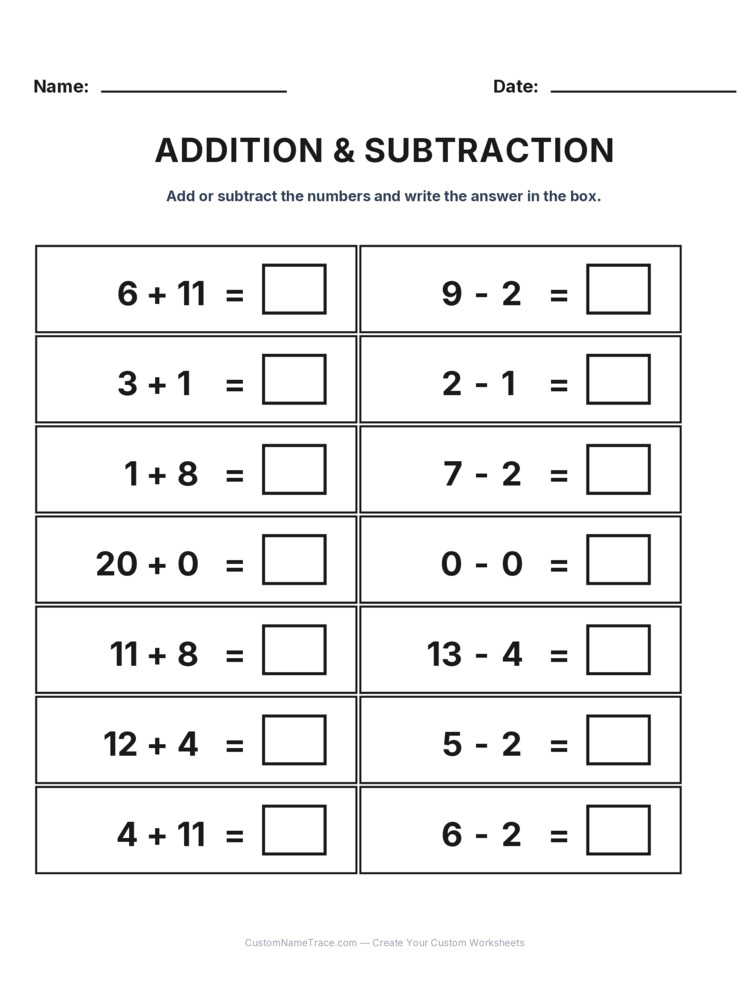 Grade 1 Addition & Subtraction Mixed Review worksheet 12 for kids