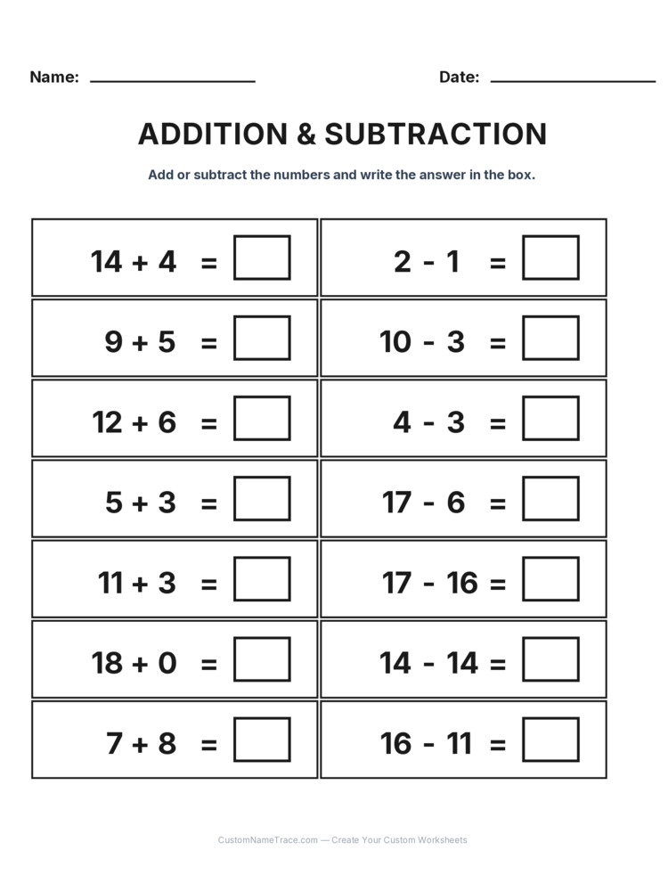 Grade 1 Addition & Subtraction Mixed Review worksheet 13 for kids