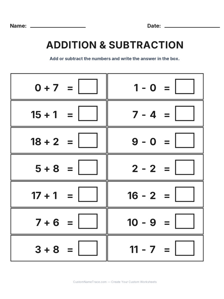 Grade 1 Addition & Subtraction Mixed Review worksheet 14 for kids