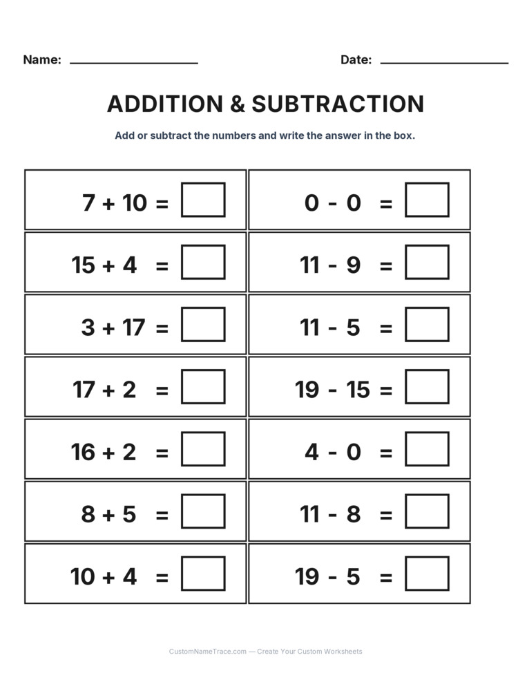 Grade 1 Addition & Subtraction Mixed Review worksheet 17 for kids