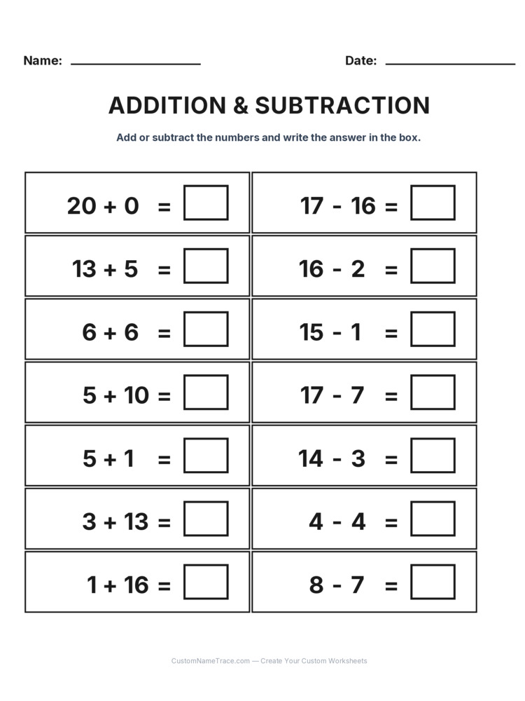 Grade 1 Addition & Subtraction Mixed Review worksheet 19 for kids