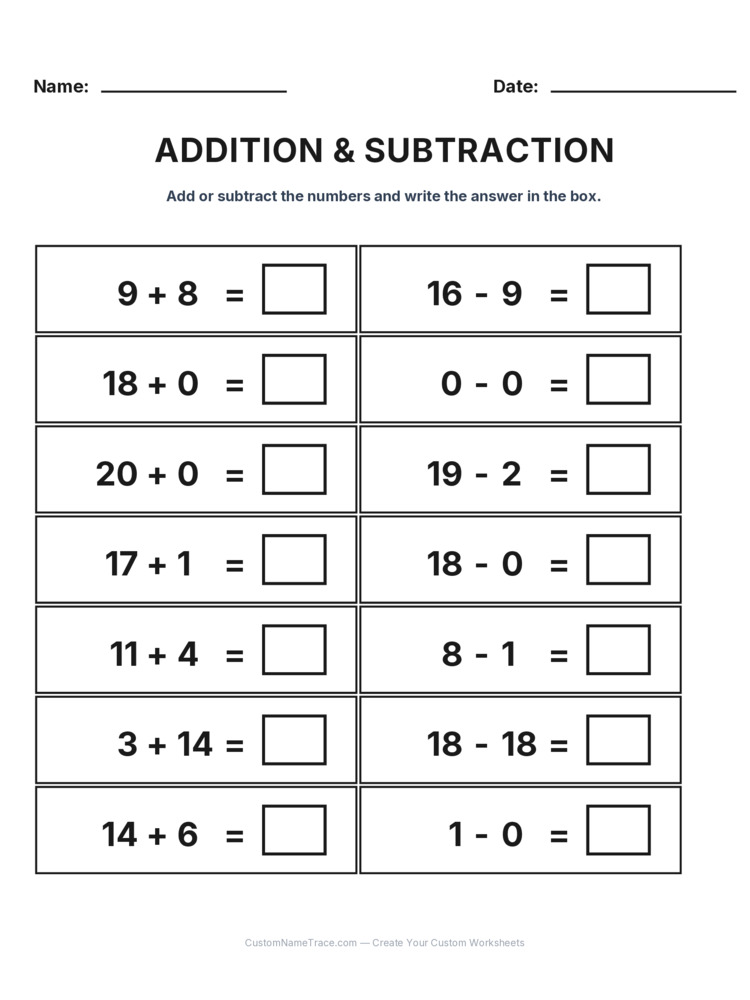 Grade 1 Addition & Subtraction Mixed Review worksheet 2 for kids