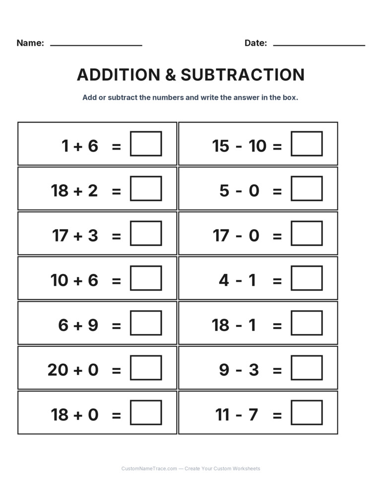 Grade 1 Addition & Subtraction Mixed Review worksheet 26 for kids