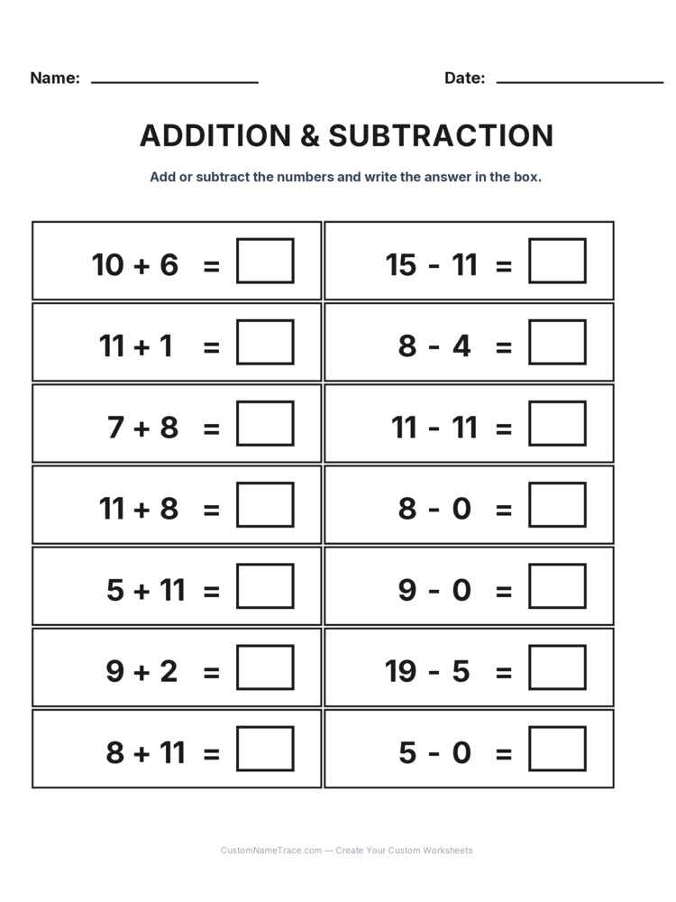 Grade 1 Addition & Subtraction Mixed Review worksheet 3 for kids