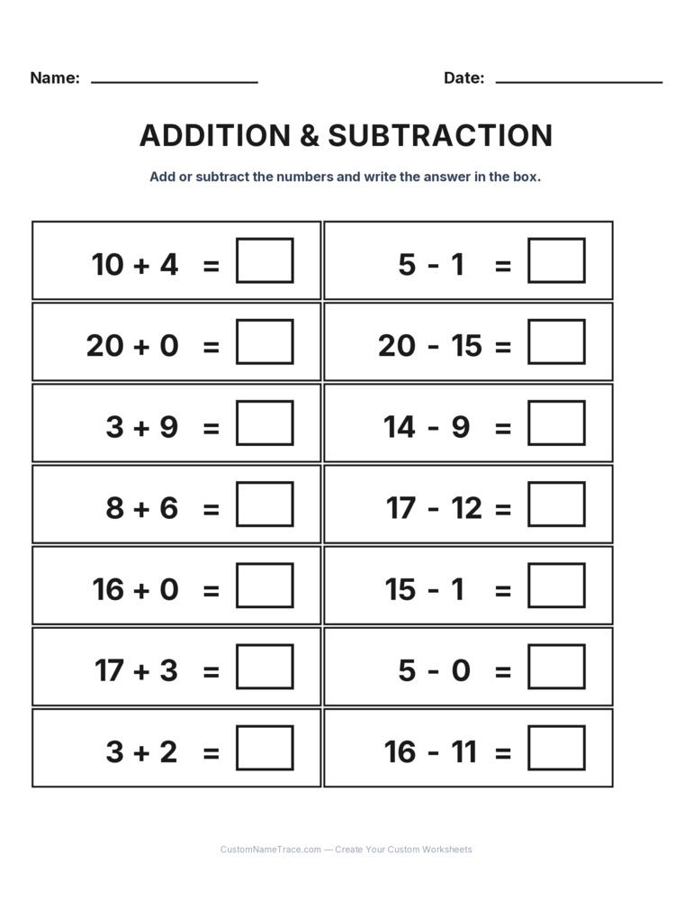Grade 1 Addition & Subtraction Mixed Review worksheet 5 for kids