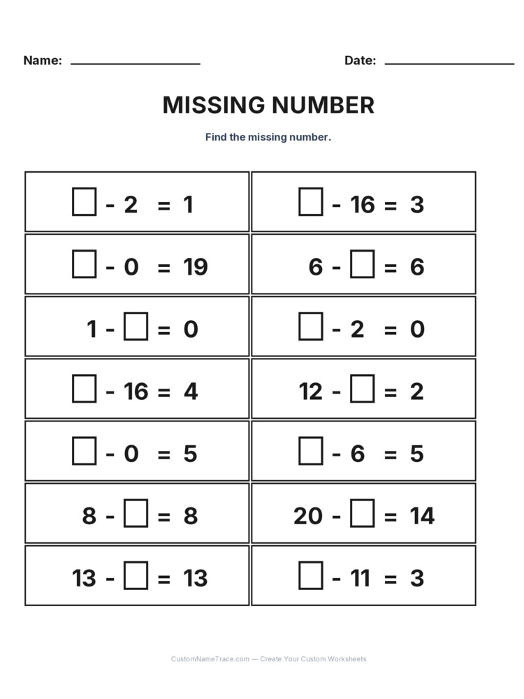 Grade 1 Subtraction Missing Number worksheet 1 for kids