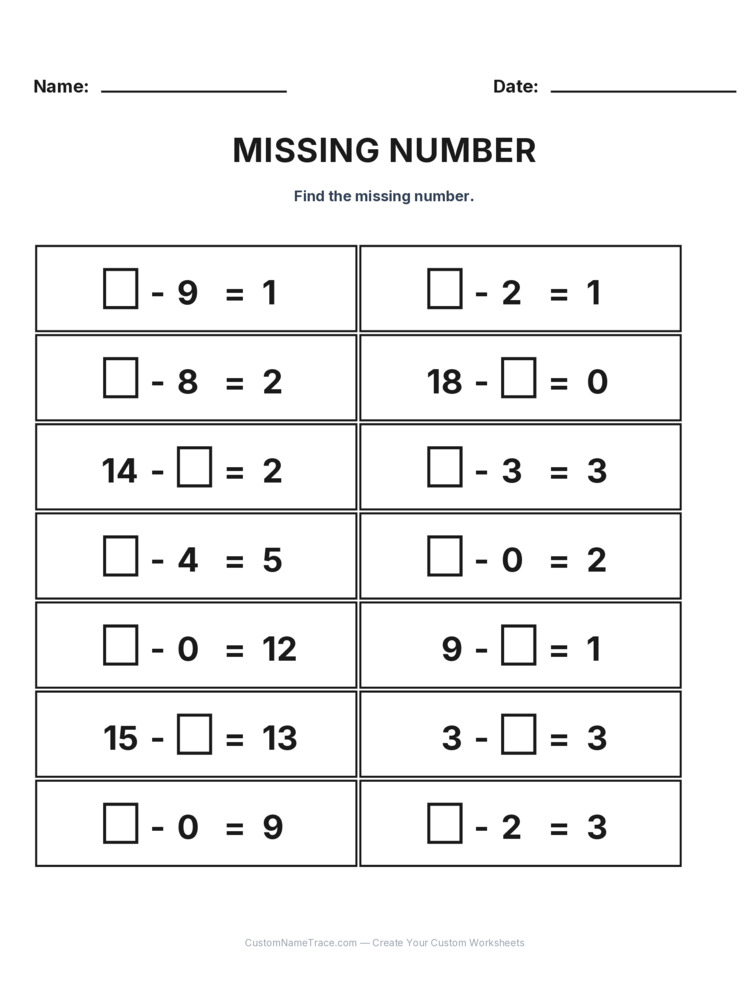 Grade 1 Subtraction Missing Number worksheet 10 for kids