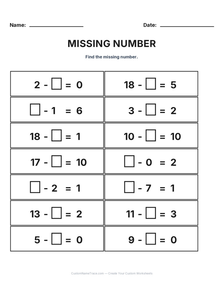 Grade 1 Subtraction Missing Number worksheet 11 for kids