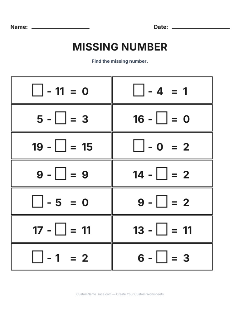 Grade 1 Subtraction Missing Number worksheet 12 for kids
