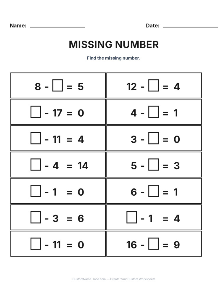 Grade 1 Subtraction Missing Number worksheet 13 for kids