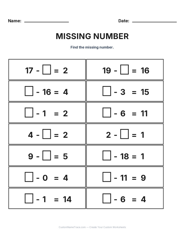 Grade 1 Subtraction Missing Number worksheet 14 for kids