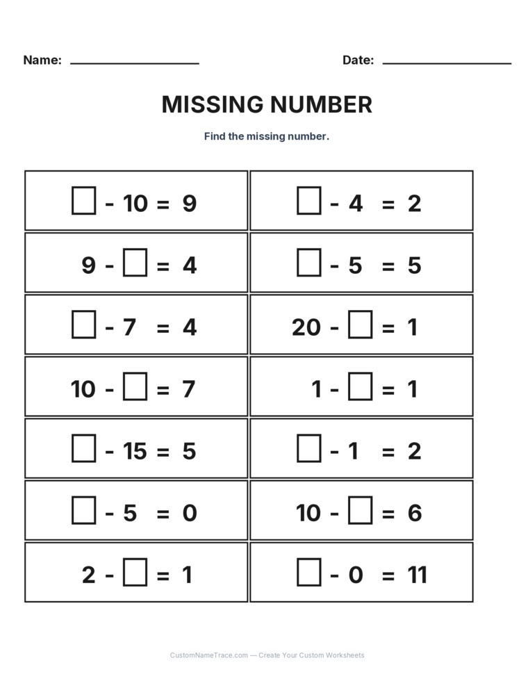 Grade 1 Subtraction Missing Number worksheet 15 for kids