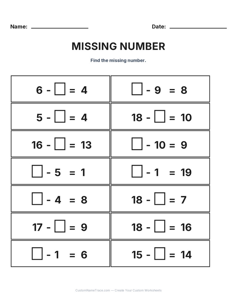 Grade 1 Subtraction Missing Number worksheet 16 for kids