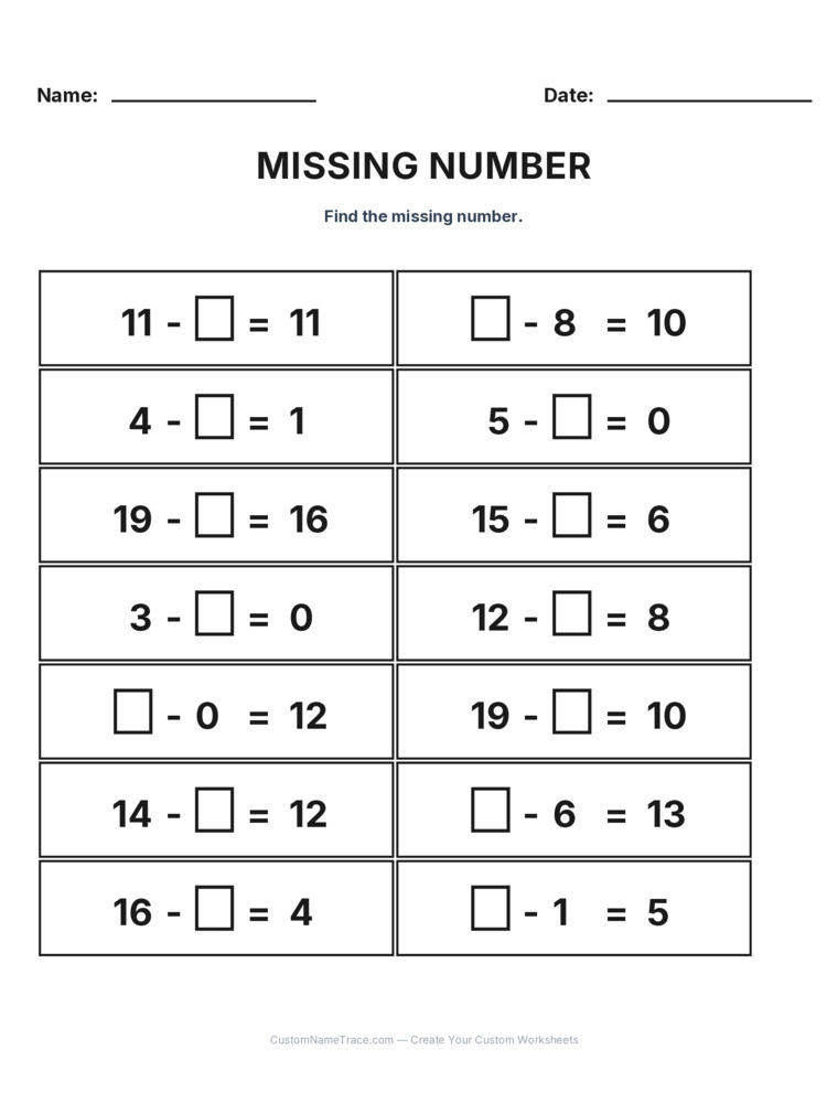 Grade 1 Subtraction Missing Number worksheet 17 for kids