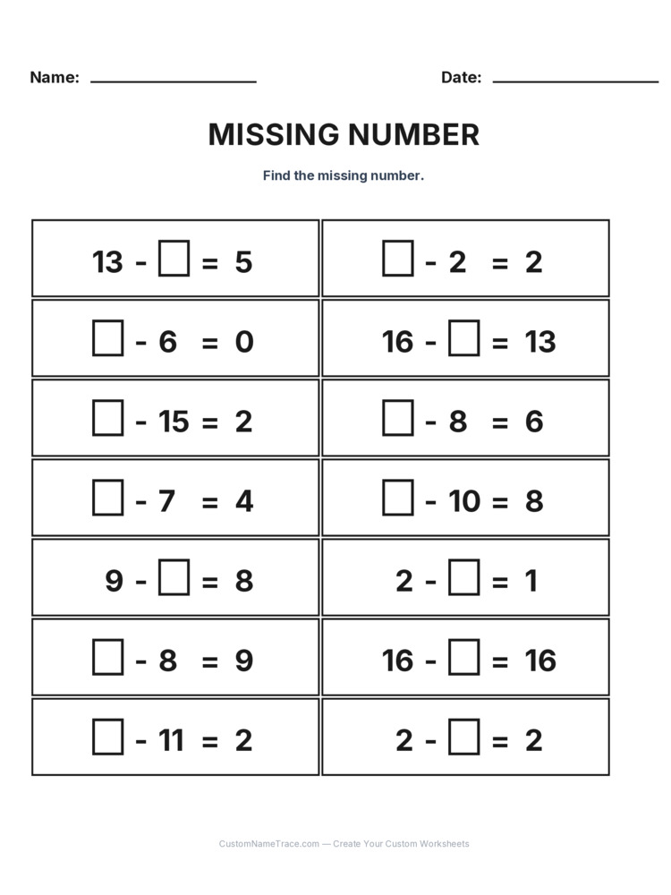 Grade 1 Subtraction Missing Number worksheet 18 for kids