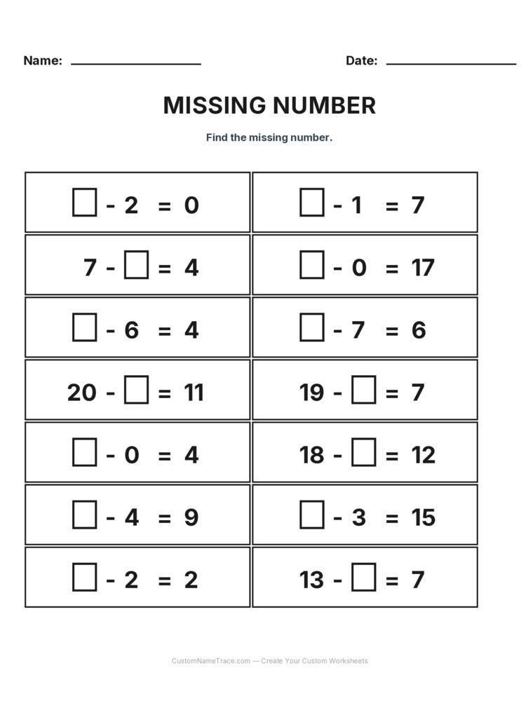 Grade 1 Subtraction Missing Number worksheet 19 for kids