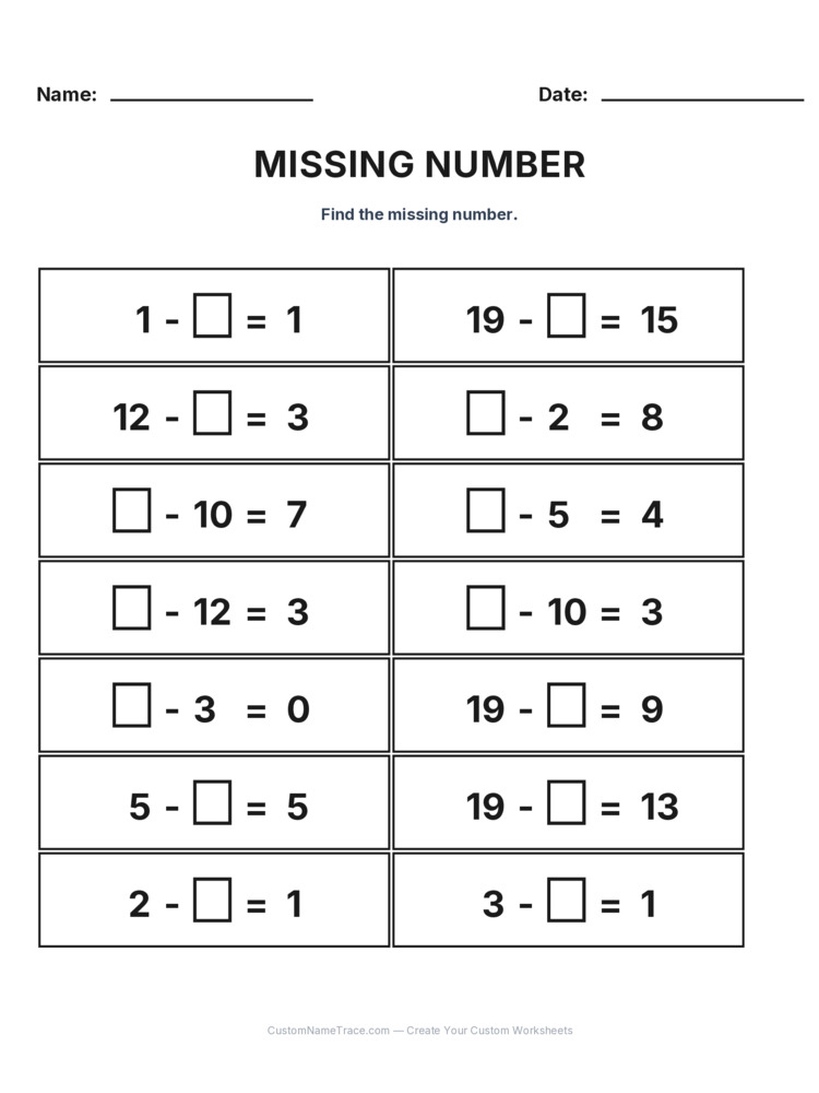 Grade 1 Subtraction Missing Number worksheet 2 for kids