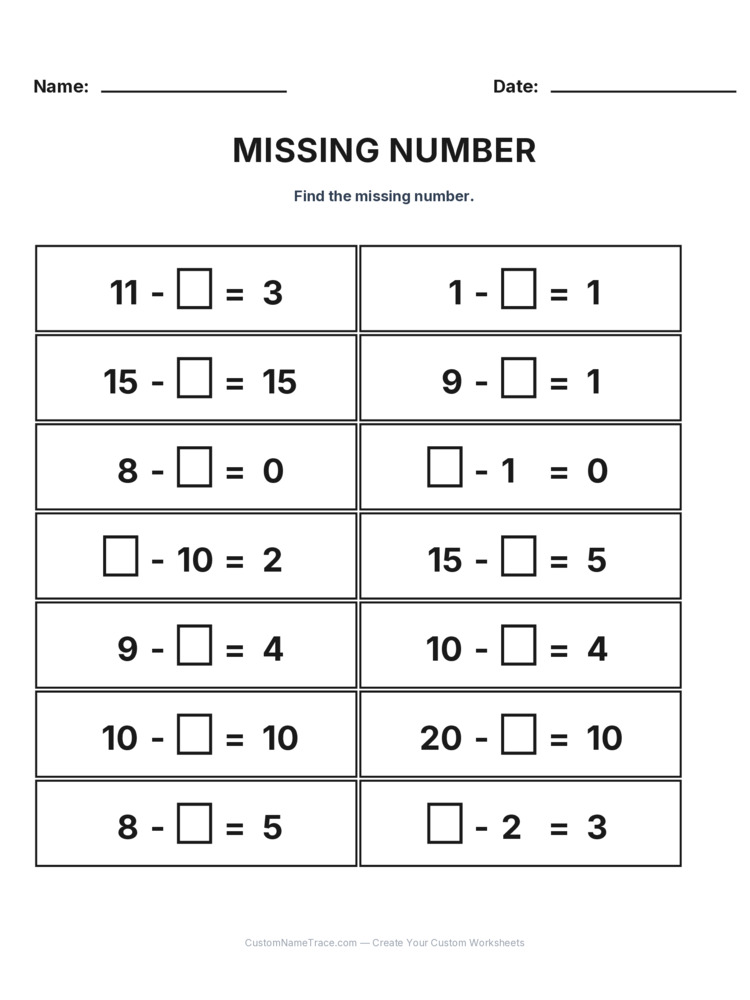 Grade 1 Subtraction Missing Number worksheet 20 for kids
