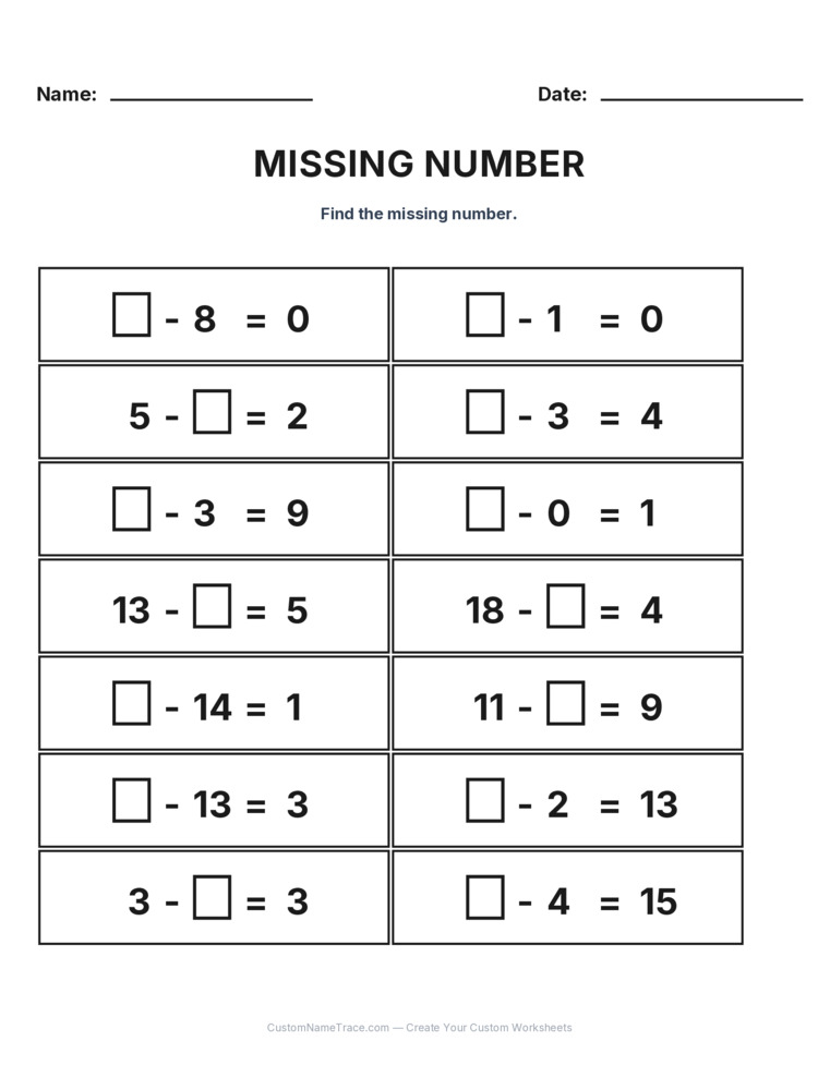 Grade 1 Subtraction Missing Number worksheet 21 for kids