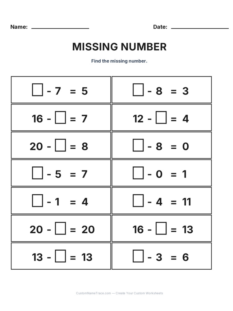 Grade 1 Subtraction Missing Number worksheet 22 for kids