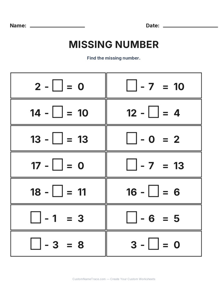 Grade 1 Subtraction Missing Number worksheet 23 for kids