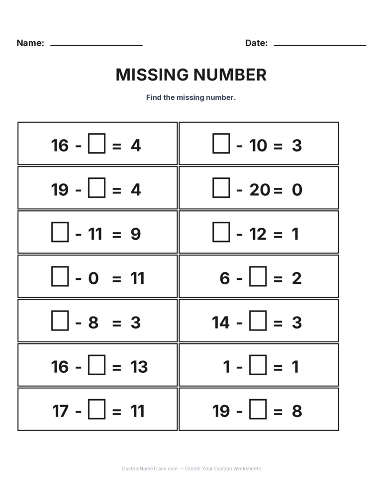 Grade 1 Subtraction Missing Number worksheet 24 for kids