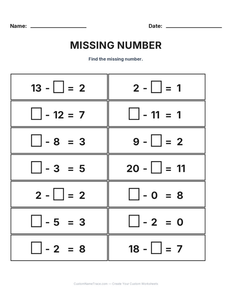 Grade 1 Subtraction Missing Number worksheet 25 for kids