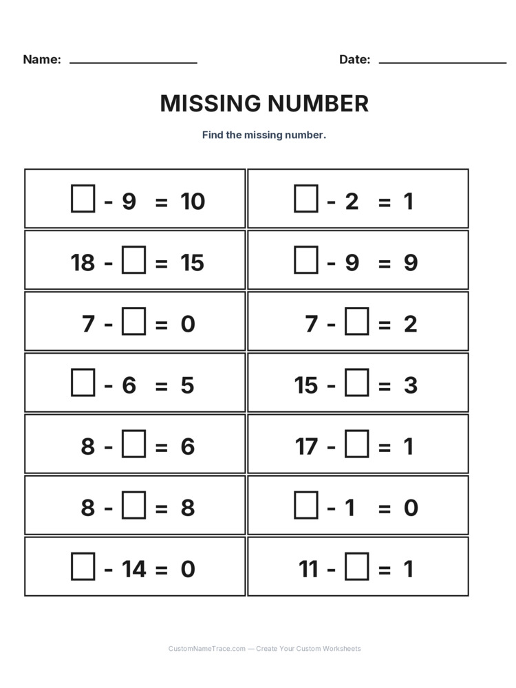 Grade 1 Subtraction Missing Number worksheet 26 for kids