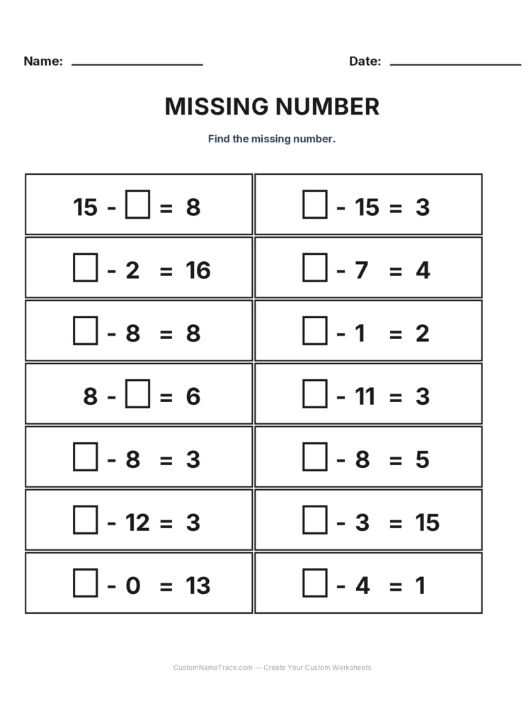 Grade 1 Subtraction Missing Number worksheet 27 for kids