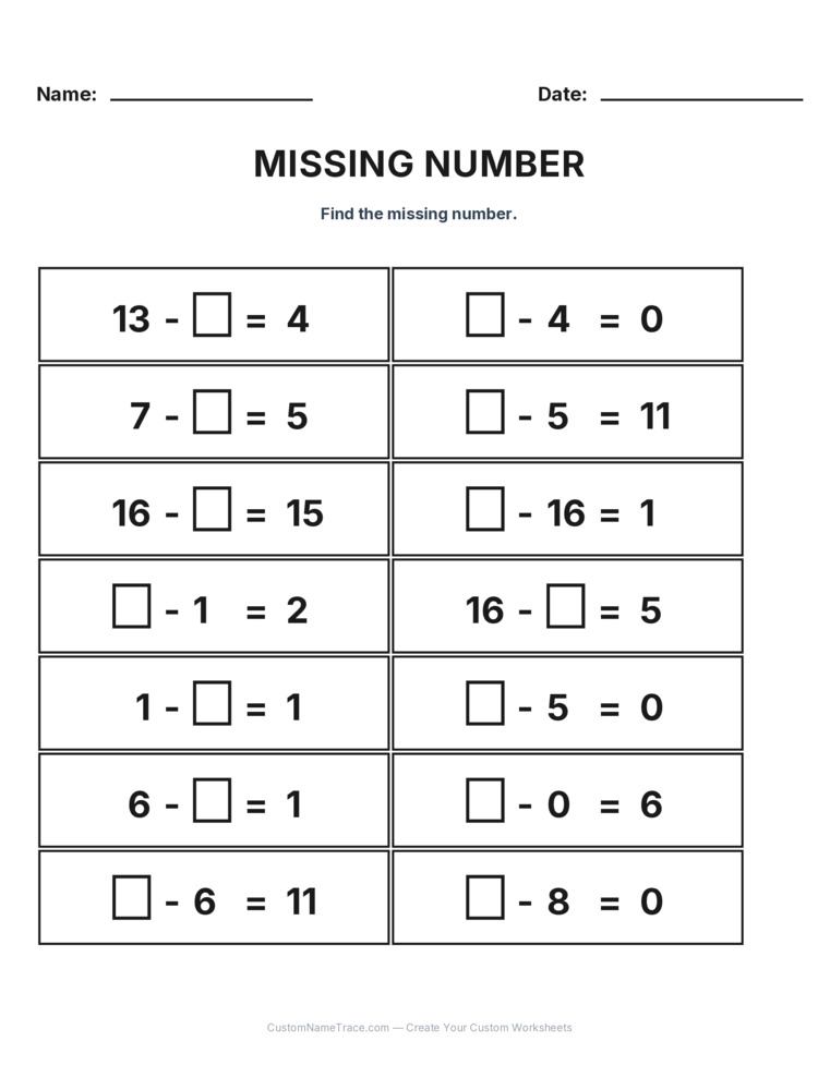Grade 1 Subtraction Missing Number worksheet 28 for kids