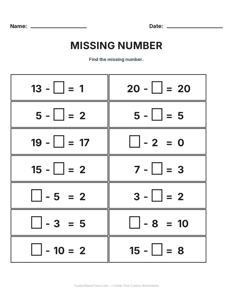 Grade 1 Subtraction Missing Number worksheet 29 for kids
