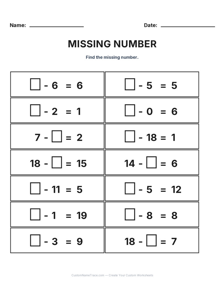 Grade 1 Subtraction Missing Number worksheet 3 for kids