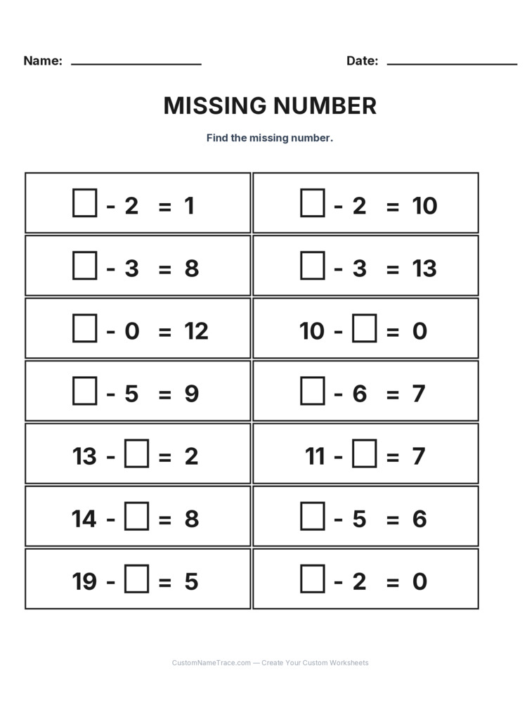 Grade 1 Subtraction Missing Number worksheet 30 for kids