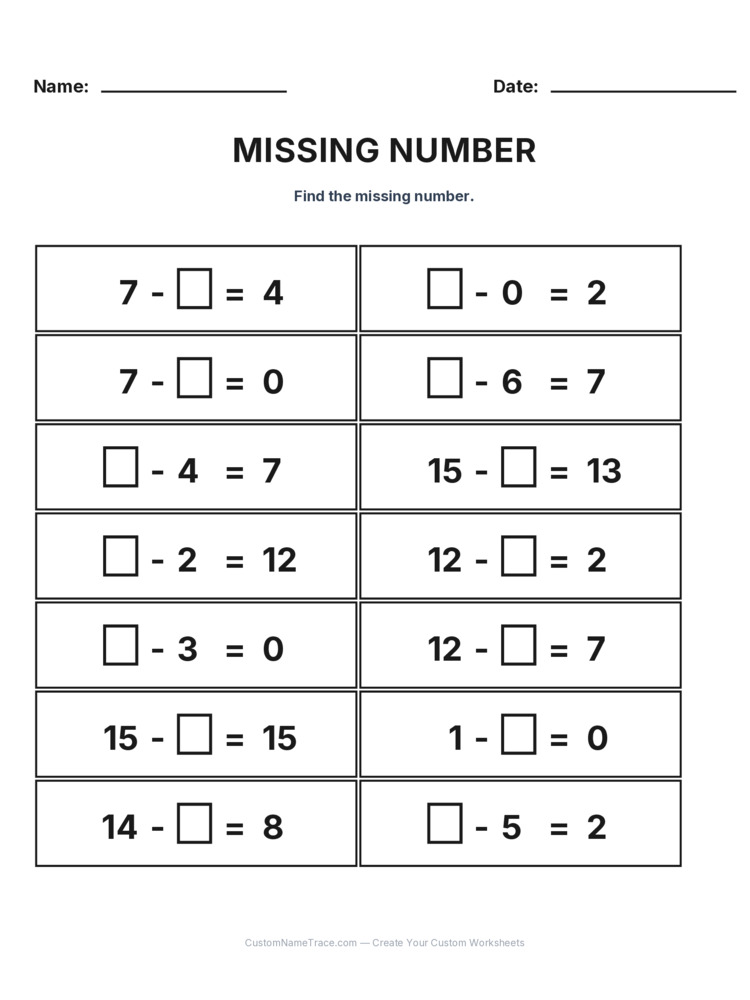 Grade 1 Subtraction Missing Number worksheet 4 for kids