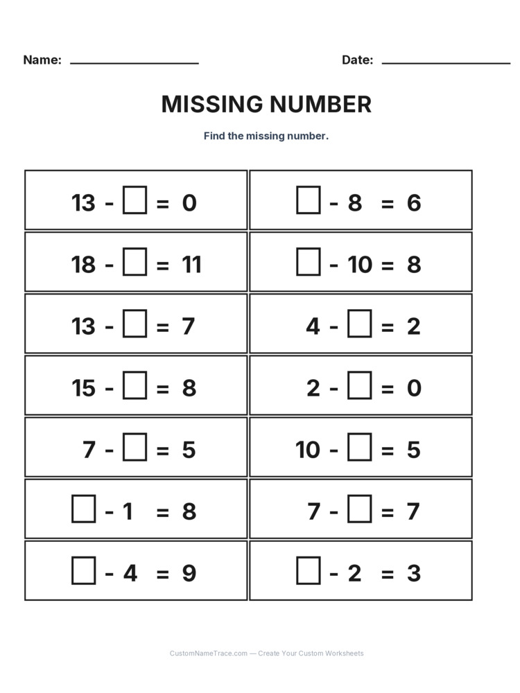 Grade 1 Subtraction Missing Number worksheet 5 for kids