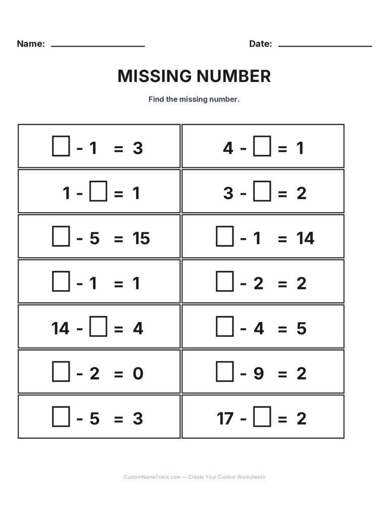 Grade 1 Subtraction Missing Number worksheet 6 for kids