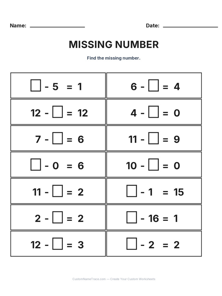 Grade 1 Subtraction Missing Number worksheet 7 for kids