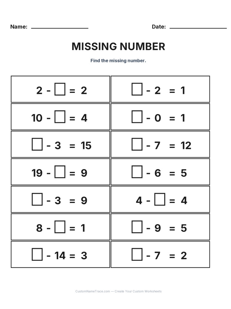Grade 1 Subtraction Missing Number worksheet 8 for kids