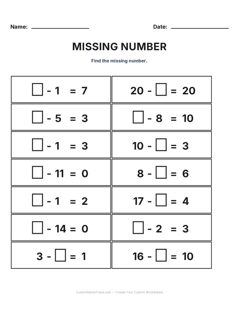 Grade 1 Subtraction Missing Number worksheet 9 for kids