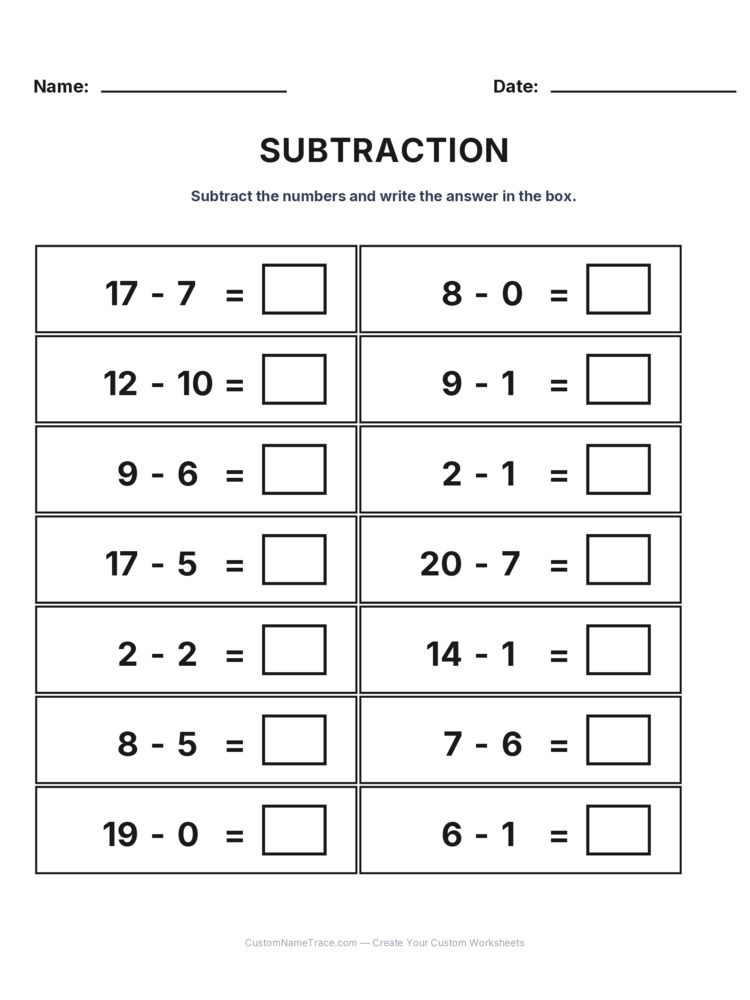 Grade 1 Subtraction Within 20 worksheet 1 for kids