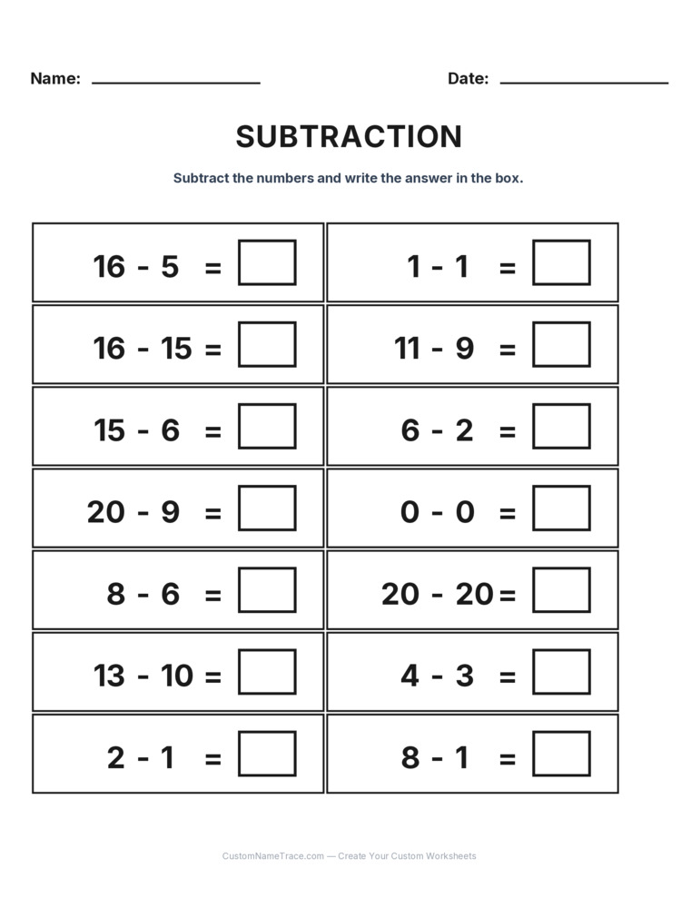 Grade 1 Subtraction Within 20 worksheet 10 for kids