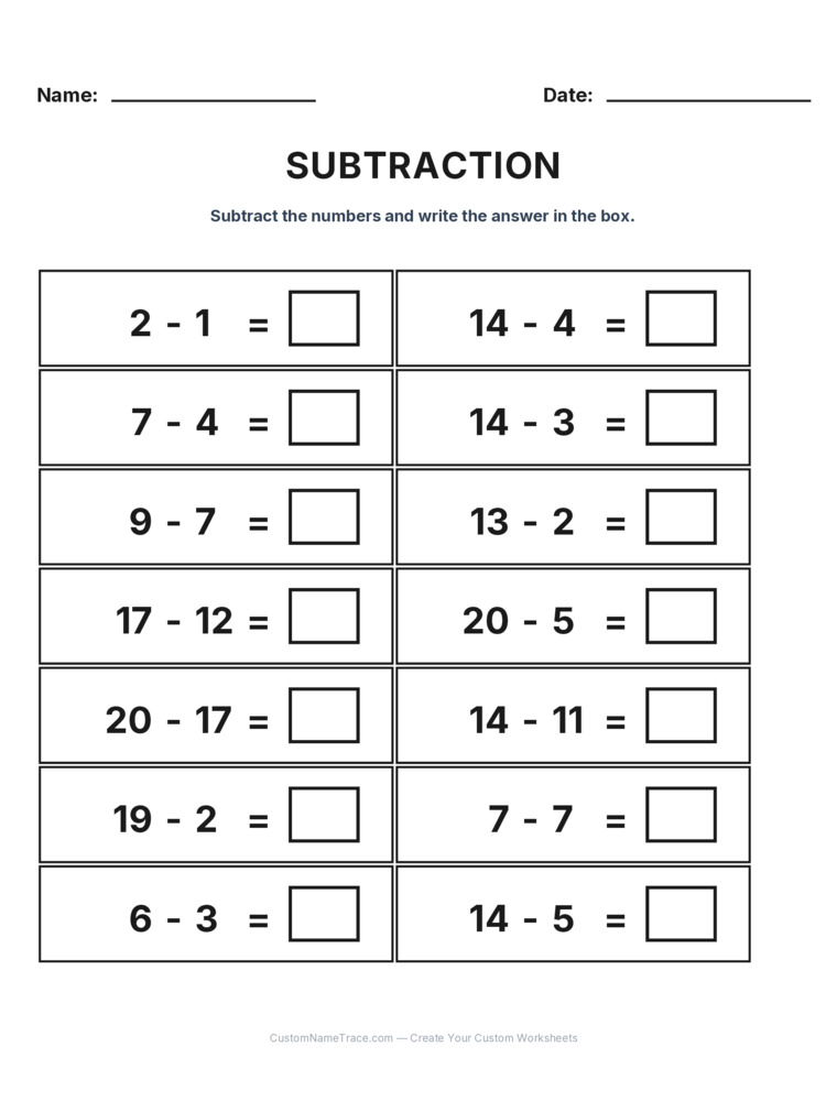 Grade 1 Subtraction Within 20 worksheet 12 for kids