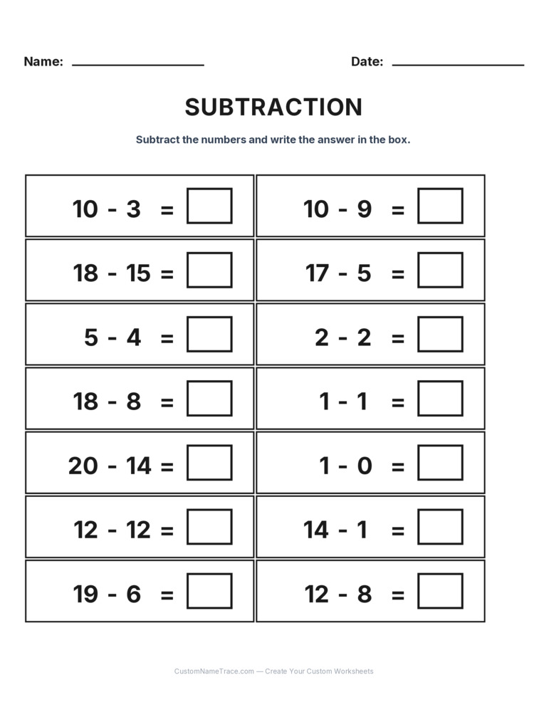 Grade 1 Subtraction Within 20 worksheet 2 for kids
